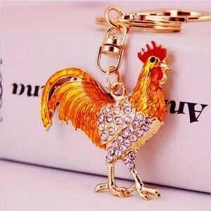 Rooster Bag Charm Keychain with Key Ring for Purse Handbag Golden Rhinestone New